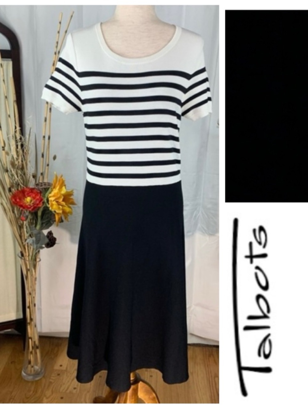 Talbots black and white short sleeve sweater A-line dress
